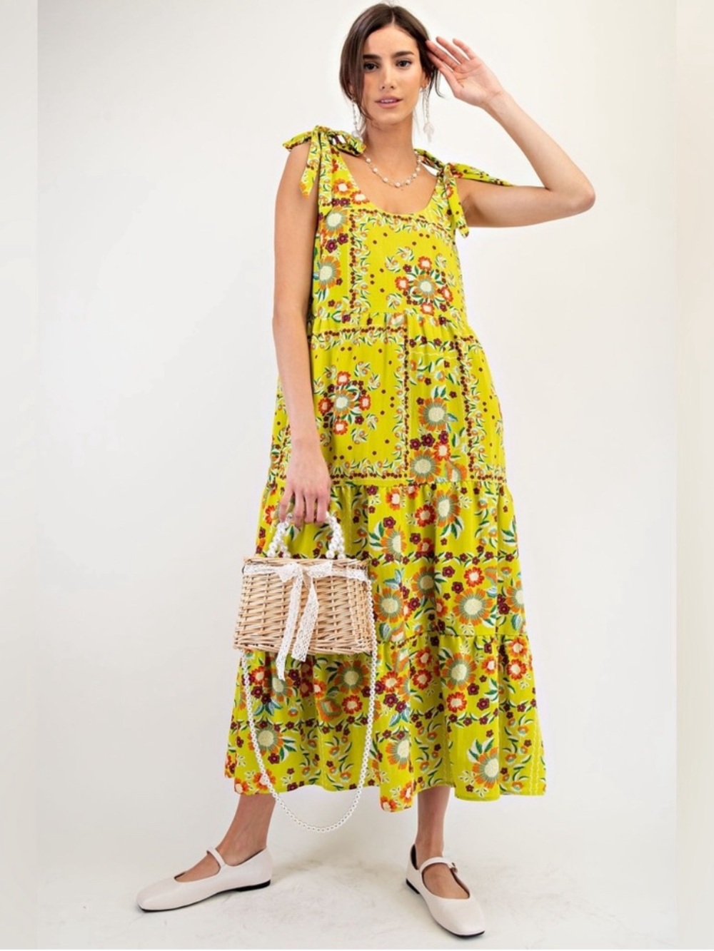 Easel Lime Green Yellow Floral Boho Tie-Shoulder Dress with pockets size M